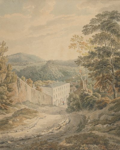 Landschaft, Blick bergab zu einem Dorf, dominiert von einem großen dreistöckigen Steinhaus von Michael Angelo Rooker
