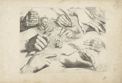 Studienblatt mit Zeichenbeispielen: Hände und Porträt von Hendrick Goltzius von Michael Snijders