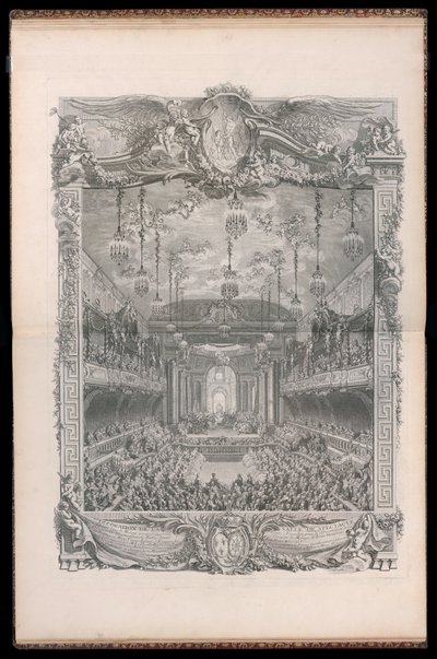 Dekoration des Theatersaals, gebaut im überdachten Reitplatz des großen Marstalls in Versailles, für die Aufführung der Prinzessin von Navarra Komödie Ballett, gegeben anlässlich der Hochzeit von Louis Dauphin von Frankreich mit Marie Thérèse Infantin von  von Michel de Bonneval
