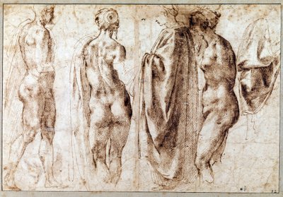 Gruppe von vier stehenden Figuren und ein Vorhang von Michelangelo Buonarroti