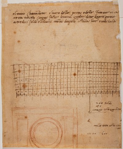 Skizze für ein Fenster, handschriftliche Anmerkungen und grafische Berechnung von Michelangelo Buonarroti