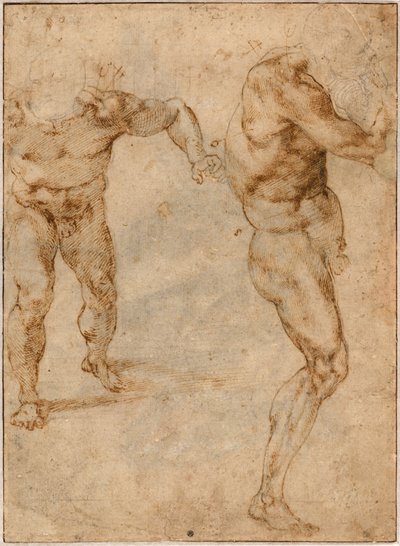 Zwei Aktstudien eines Mannes, der nach vorne stürmt, und eines anderen, der sich nach rechts dreht, ca. 1504 von Michelangelo Buonarroti