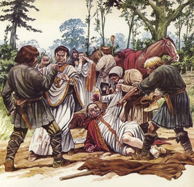 Der Erzbischof von Canterbury wird während der unruhigen Herrschaft von König Stephan ausgeraubt von Mike (20th century) White