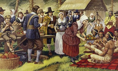 Das erste Erntedankfest 1621, ein Jahr nachdem die Pilgerväter die Alte Welt verlassen hatten von Mike (20th century) White