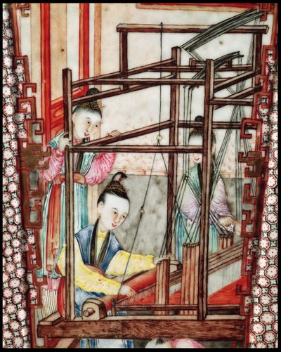 Detail von einer Vase, die Seidenweberei darstellt von Ming Dynasty Chinese School