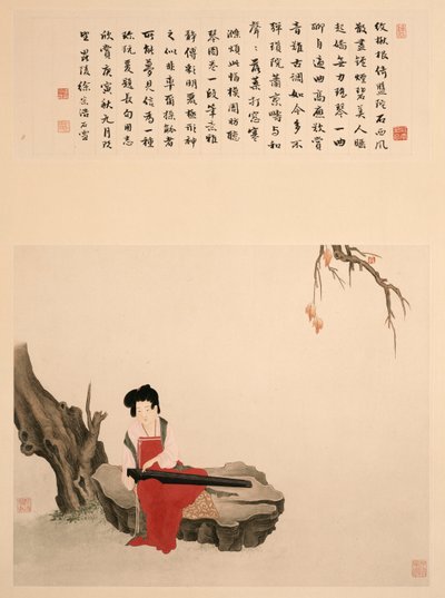 Dame, die auf einem Felsen sitzt und Qin spielt von Ming Yu