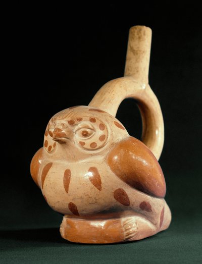 Präkolumbianische Kunst, Mochica-Kultur: Terrakotta-Vase in Form einer Eule. 100 v. Chr.-800 n. Chr. Lima, Nationalmuseum für Anthropologie und Archäologie, Peru von Moche Moche