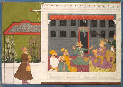 Shispul streitet mit Rukminis Vater, Bhishmaka, Seite aus einer Rukmini Mangal Serie, ca. 1800 von Mola Ram