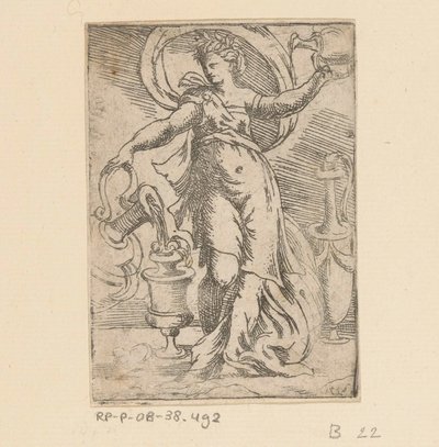 Frau mit Kannen und Krügen von Monogrammist FP (Italië; 16e eeuw)
