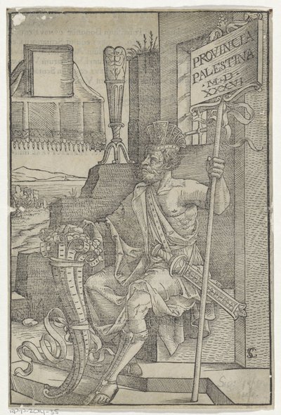 Sitzender Römer mit einem Schwert, einem Horn und einem Schild mit 