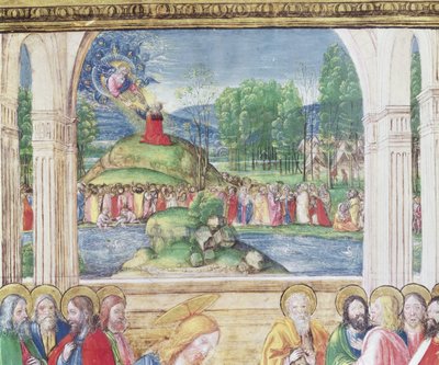 Ms 542 f.3v Moses empfängt die Gesetzestafeln von Gott, aus einem Psalter, geschrieben von Don Appiano aus der Kirche der Badia Fiorentina, Florenz (Detail) von Monte di Giovanni del Fora