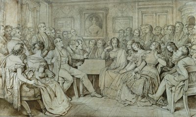 Ein Abend bei Baron Spaun, Schubert am Klavier, Tenor Johann Michael Vogl singt (Tinte, Sepia) von Moritz Ludwig von Schwind