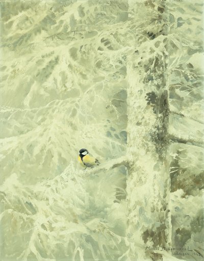 Stieglitz in einem schneebedeckten Baum von Mosse Stoopendaal