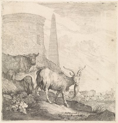Ziegen und Kühe bei einem runden Turm mit einem Obelisken von Moyses van Wtenbrouck