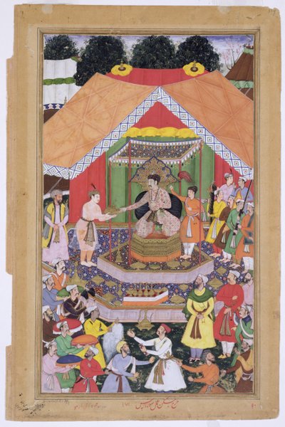 Kaiser Akbar (r.1556-1605) wird von seinem Pflegebruder Azim Khan in Dipalpur, Punjab, 1571 unterhalten, aus dem Akbarnama von Abul Fazi, 1590-98 von Mughal School