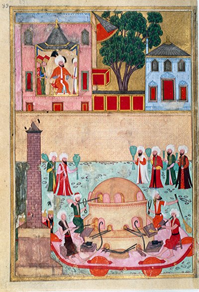 Glasbläser-Show auf dem Hippodrom von Konstantinopel. Seite aus dem „Surname-i Humayun“ (Buch der Festlichkeiten) illustriert von Osman. ca. 1582 (Istanbul) Istanbul, Topkapi Sarayi von Mughal School Osman