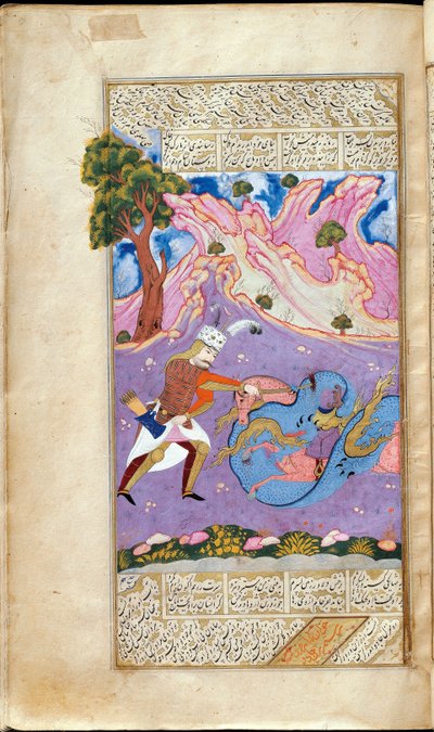 Rustam tötet den Drachen. Manuskriptillumination aus dem Epos Schahname von Ferdowsi von Muin Musavvir