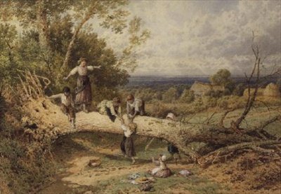 Kinder spielen auf einem umgestürzten Baum von Myles Birket Foster