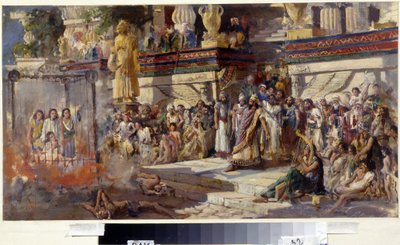 Die drei jungen Juden im Feuerofen. Nebukadnezar II., König von Babylon zwischen 605 und 562 v. Chr., lässt die drei Juden, die sich weigerten, vor seiner goldenen Statue niederzuknien, ins Feuer werfen. von N. T. Malyshev