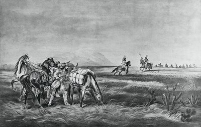 Frieden oder Krieg, Begegnung zwischen den Indianern und weißen Jägern, veröffentlicht von Colin Simkin von Currier and Ives