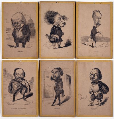 6 Karikaturporträts: Pierre Jean de Béranger (1780-1857) französischer Liedermacher, Alexandre Dumas fils (1824-1895), Louis Adrien Huart (1813-1865) französischer Journalist, Schriftsteller und Theaterdirektor, Gérard de Nerval (1808-1855), französischer  von Nadar
