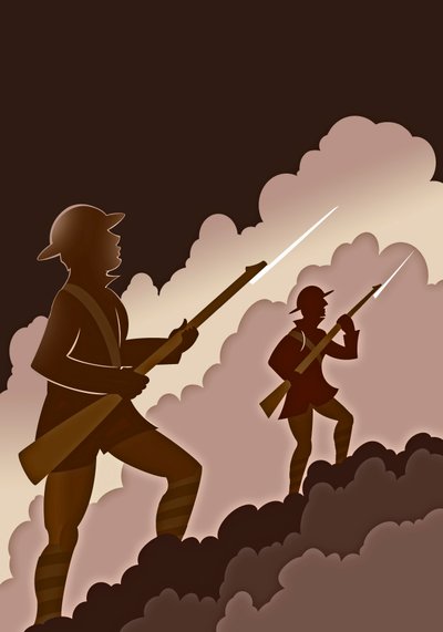 Soldaten des Ersten Weltkriegs mit Bajonetten - aus den Schützengräben auftauchend von Neale Osborne