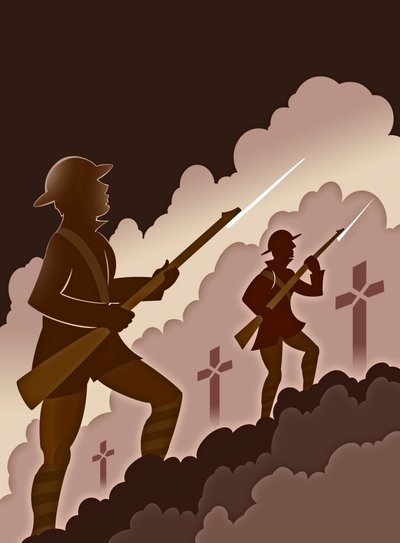 Soldaten des Ersten Weltkriegs mit Bajonetten - aus den Schützengräben auftauchend von Neale Osborne