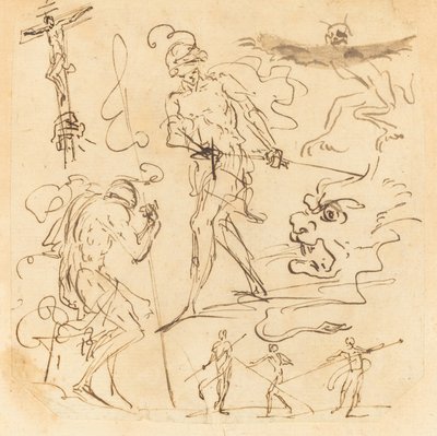 Blatt mit Studien eines Soldaten, der ein Schwert zieht, eines Kruzifixes, monströser Tiere und anderer Figuren von Neapolitan 17th Century