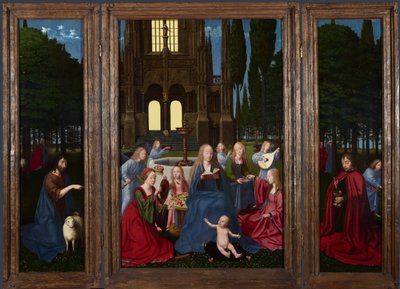 Die Jungfrau und das Kind mit Heiligen und Engeln in einem Garten von Netherlandish Master