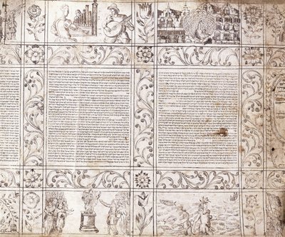 Illuminierte Handschrift in sephardischer Schrift, zeigt Szenen des niederländischen Lebens und der Bibel mit floralen Kartuschen, 17. Jahrhundert von Netherlandish School