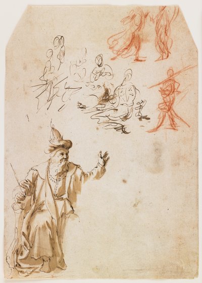 Studie eines alttestamentlichen Propheten und andere Figurenstudien (recto); Studie einer männlichen Figur mit einem Seil (verso) von Netherlandish School