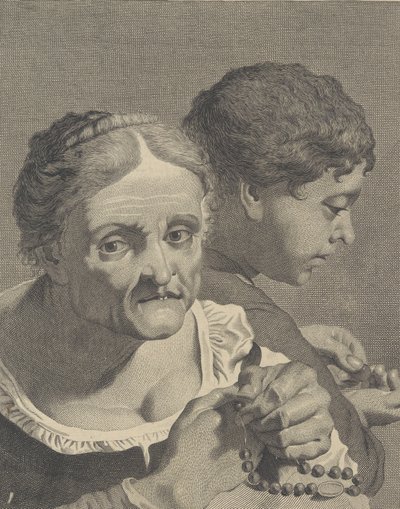 Kopie in umgekehrter Richtung einer alten Frau mit einem Rosenkranz und einem Jungen, der Münzen zählt, Platte 10 von Niccolò Cavalli