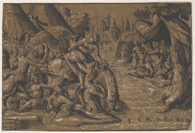 Cloelia, die römische Heldin, in der Mitte, die auf ein Pferd geholfen wird, Rom im Hintergrund..., 1540-50 von Niccolo Vicentino