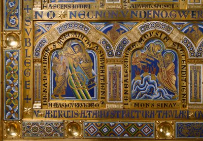 Verduner Altar: Himmelfahrt des Elija und Moses empfängt die Gesetzestafeln (Detail) von Nicholas of Verdun