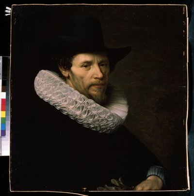 Porträt eines Mannes mit schwarzem Hut. Ein holländischer Notable, der eine Krause und einen Hut trägt. Gemälde von Nicolas Eliasz (1591-1655) 17. Jahrhundert Mikhail Kroshitsky Kunstmuseum, Sewastopol (Sebastopol) Ukraine von Nicolaes Eliasz