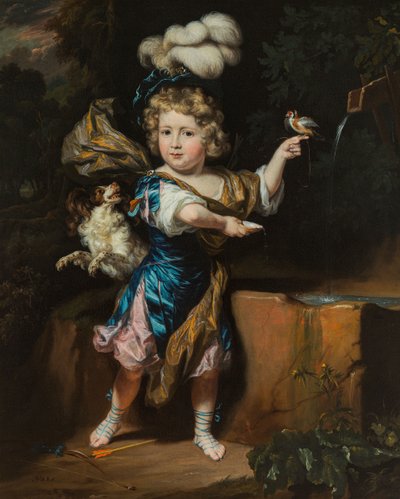 Junge mit Vogel und Hund an einem Brunnen von Nicolaes Maes