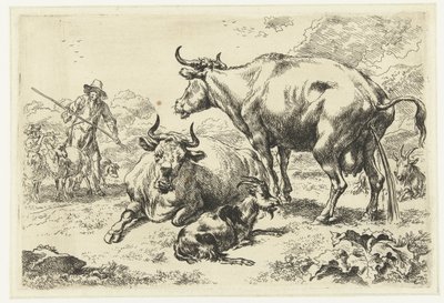 Liegende und eine pissende Kuh von Nicolaes Pietersz Berchem