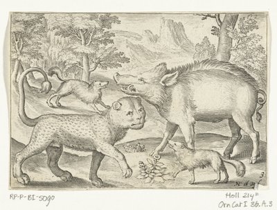 Leopard, Wildschwein und Hunde von Nicolaes de Bruyn