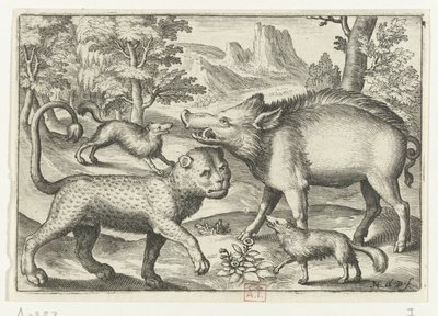 Leopard, Wildschwein und zwei Hunde von Nicolaes de Bruyn