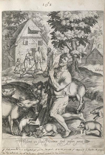 Der verlorene Sohn unter den Schweinen, Platte 5 aus Die Geschichte des verlorenen Sohnes von Nicolaes de Bruyn