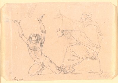 Ein Mann in Toga sitzt mit einer Laterne in der linken Hand, links von ihm kniet ein nackter Mann mit erhobenen Armen von Nicolai Abildgaard