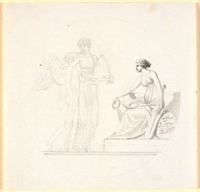 Eine junge Frau mit einem Bienenstock führt einen geflügelten jungen Mann zu einer sitzenden Frauenfigur von Nicolai Abildgaard