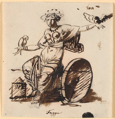 Frigga, sitzend, mit einem Falken auf jeder Hand von Nicolai Abildgaard