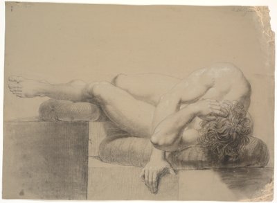Liegendes Modell. Nach links. Kopf und Oberkörper ruhen auf einem Kissen, Beine angehoben und linkes Bein auf einem anderen Kissen ruhend von Nicolai Abildgaard