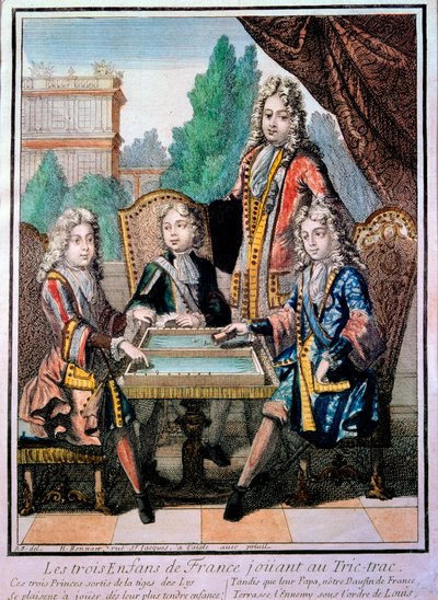Die Enkel von Ludwig XIV., Louis Herzog von Burgund, Philippe Herzog von Anjou und Charles Herzog von Berry mit ihrem Vater, Louis, Dauphin von Frankreich, beim Trictrac-Spiel von Nicolas Bonnart
