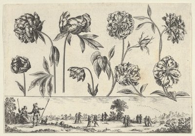 Horizontales Paneel mit einer Reihe von Blumen über einem Fries mit Figuren in einer Landschaft von Nicolas Cochin