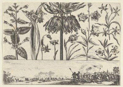 Horizontales Paneel mit einer Reihe von Blumen über einem Fries mit einer Kampfszene in einer Landschaft, 1645 von Nicolas Cochin
