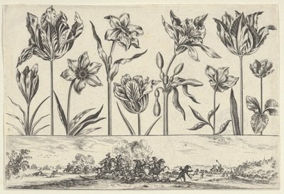 Horizontales Paneel mit einer Reihe von Blumen über einem Fries mit einer Kampfszene in einer Landschaft von Nicolas Cochin