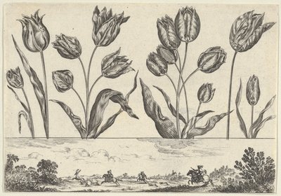 Horizontales Paneel mit einer Reihe von Blumen über einem Fries mit einer Jagdszene in einer Landschaft, 1645 von Nicolas Cochin