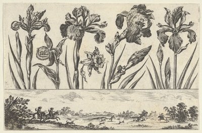 Horizontales Paneel mit einer Reihe von Blumen über einem Fries mit einer Jagdszene in einer Landschaft, 1645 von Nicolas Cochin